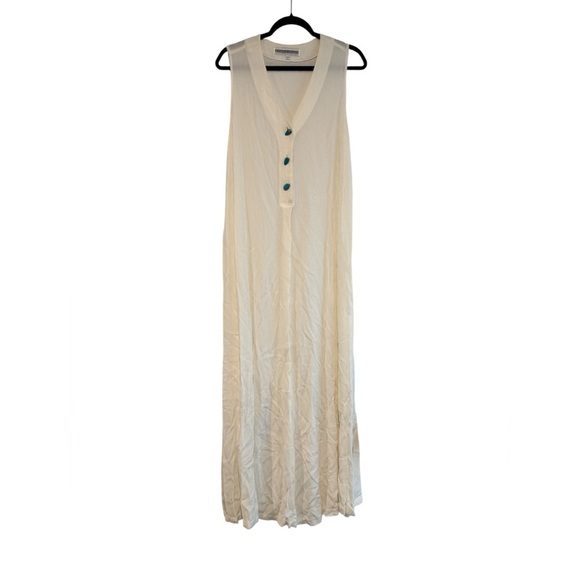 Vintage Barbara Lesser Maxi Sleeveless Ivory Dress with Turquoise Buttons - Picture 1 of 7